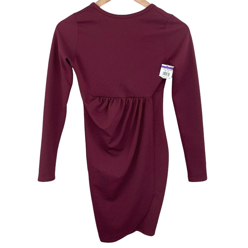 Go Couture burgundy red long sleeve v-back wrap skirt crepe dress small MSRP 148